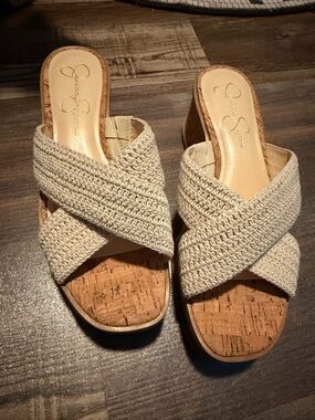 Jessica Simpson Cream Woven Cork Wedge Slides